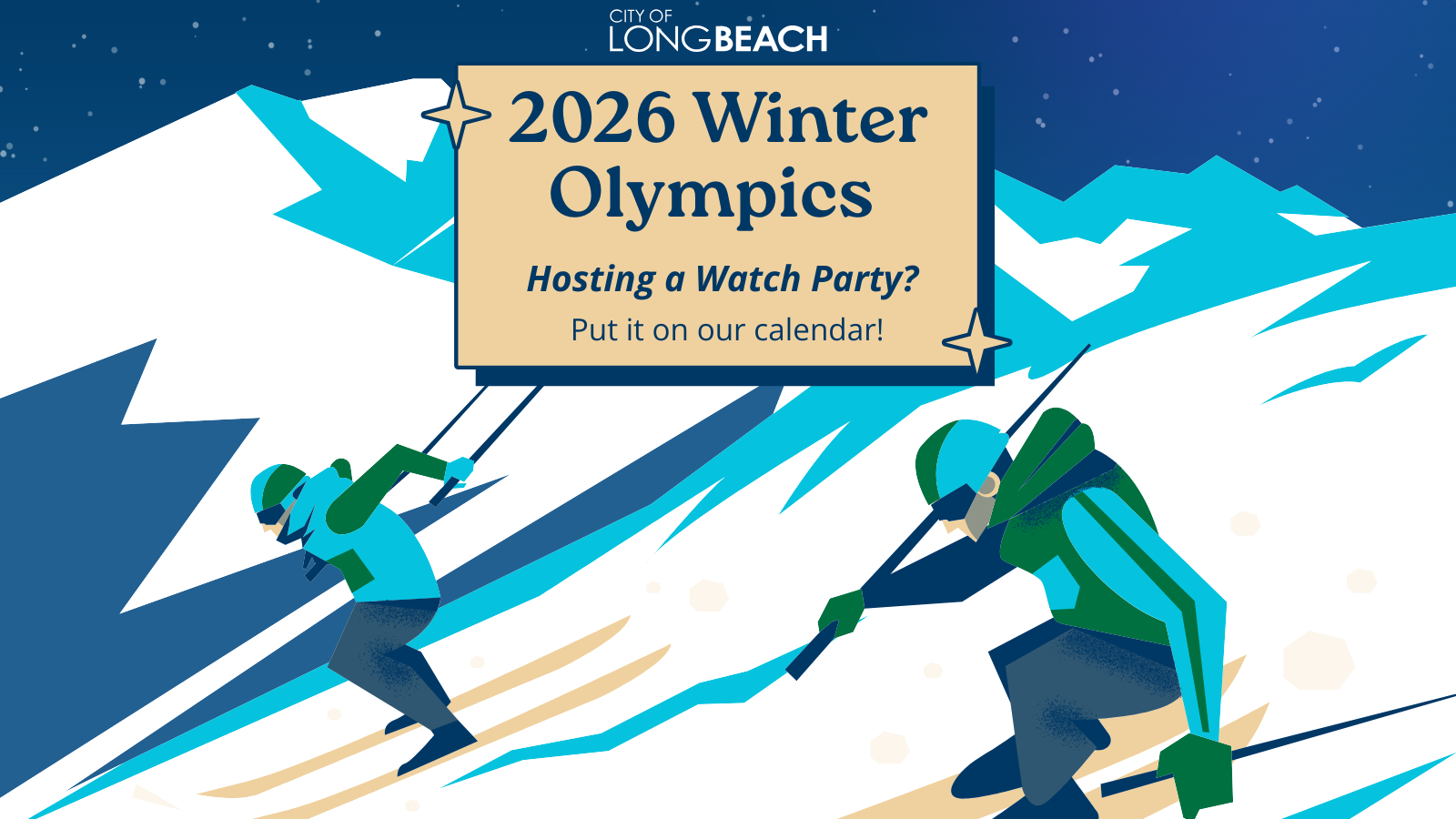 Graphic of skiers for 2026 Olympic Watch Parties Graphic of skiers for 2026 Olympic Watch Parties