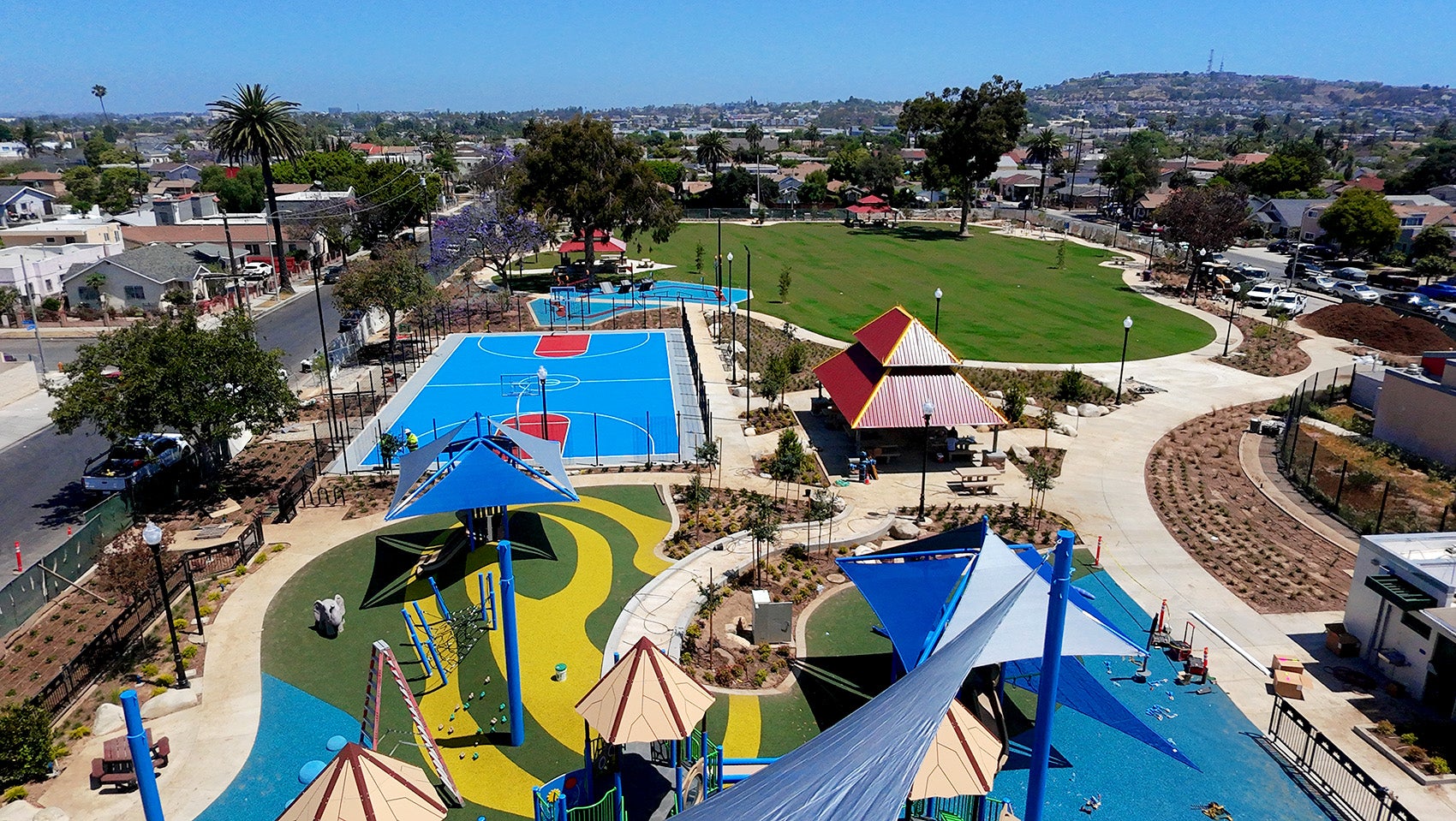 Aerial view of a colorful playground 