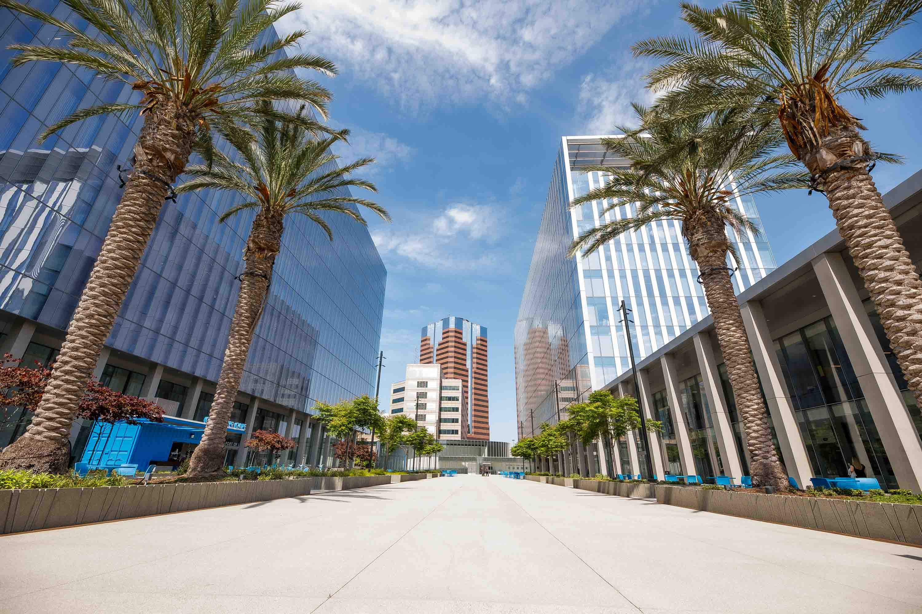 A walkway between two large buildings 