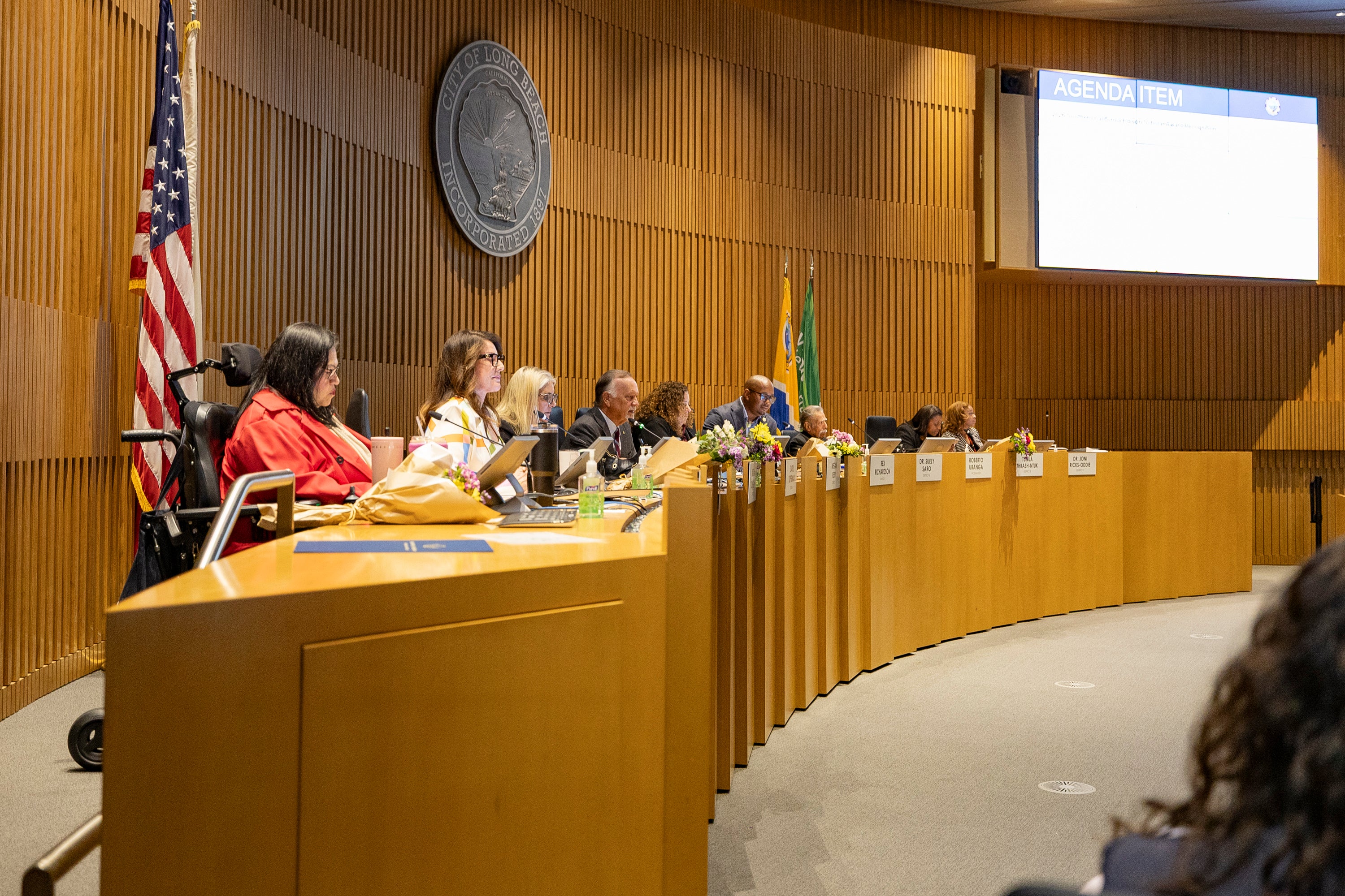 A side view of City Council chambers and councilmembers A side view of City Council chambers and councilmembers