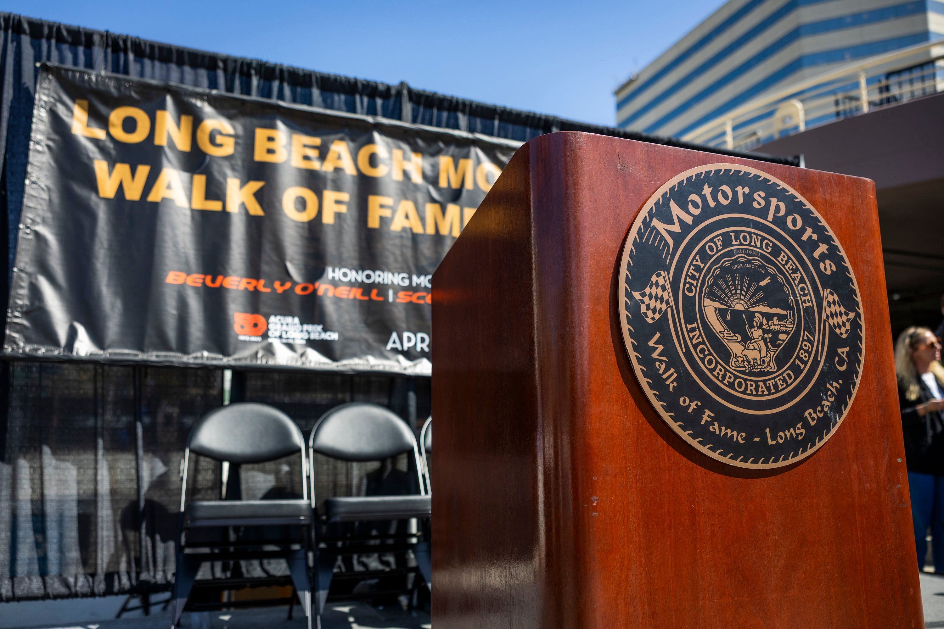 Close up of a podium for Motorsports Walk of Fame Close up of a podium for Motorsports Walk of Fame