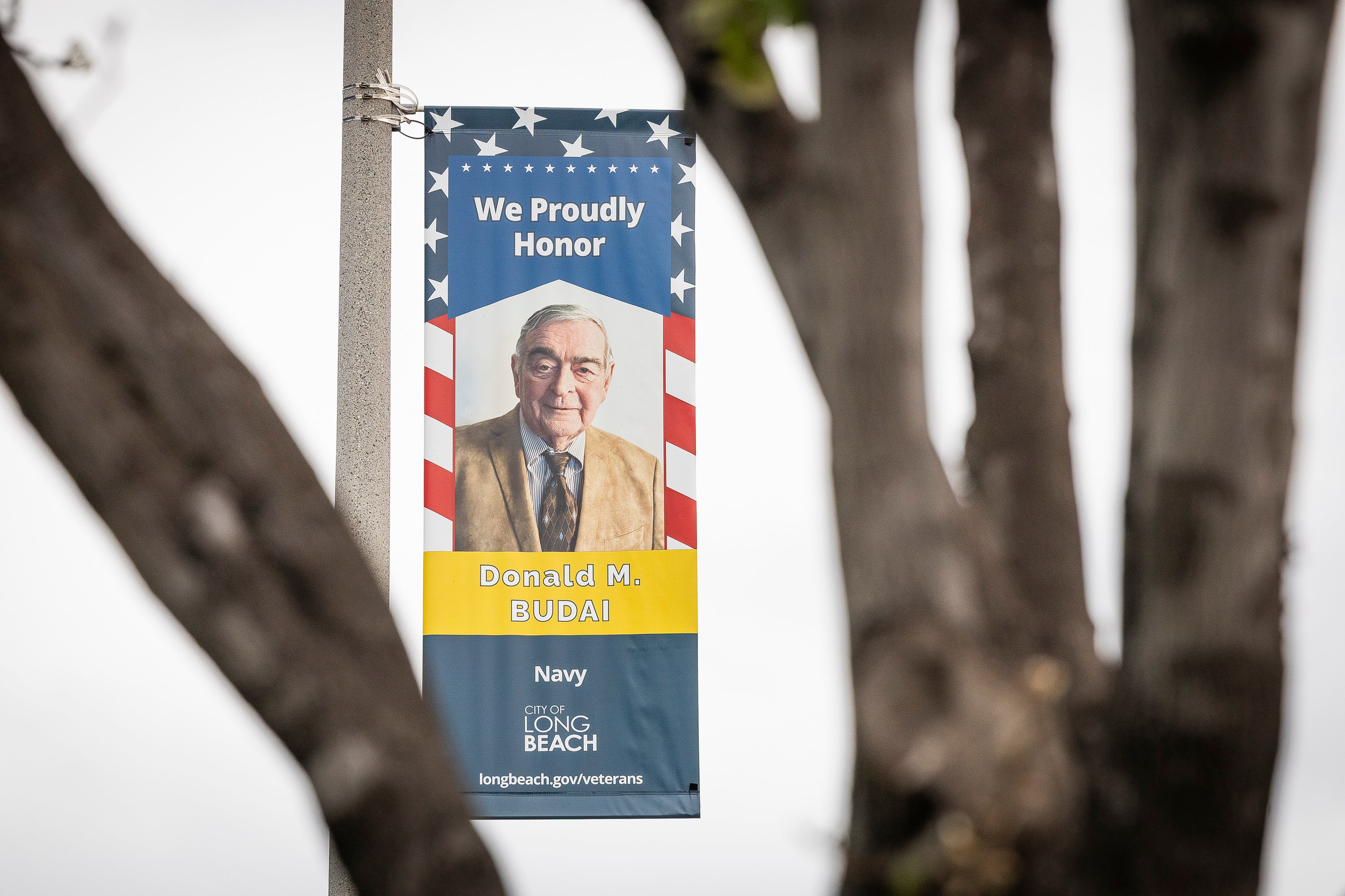 A banner displaying a man who served in the Navy A banner displaying a man who served in the Navy