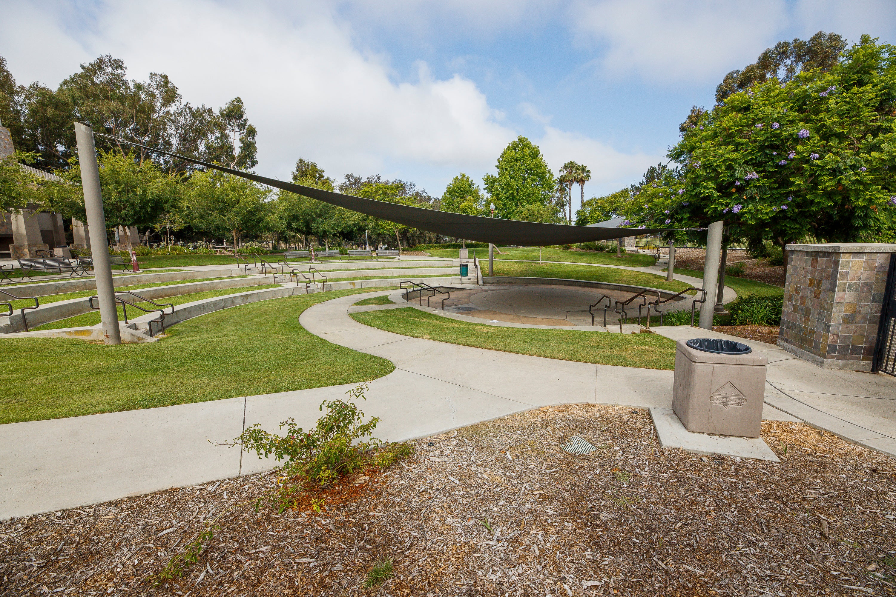 Trees and awning covering an area at Cesar Chavez Park. Trees and awning covering an area at Cesar Chavez Park.